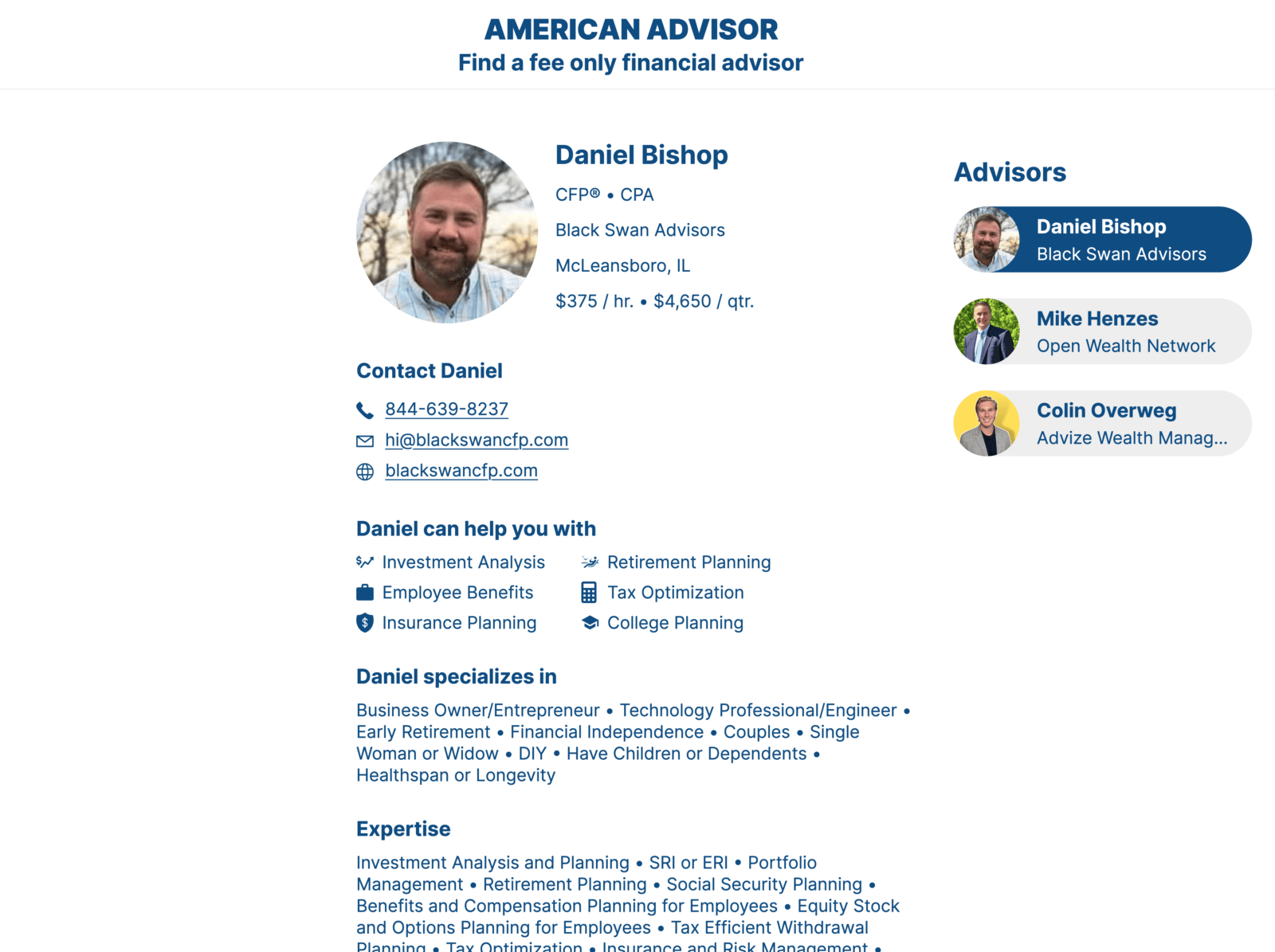 A preview of an advisor profile. The profile example is for a Mr. Daniel Bishop in Mcleansborough, IL.