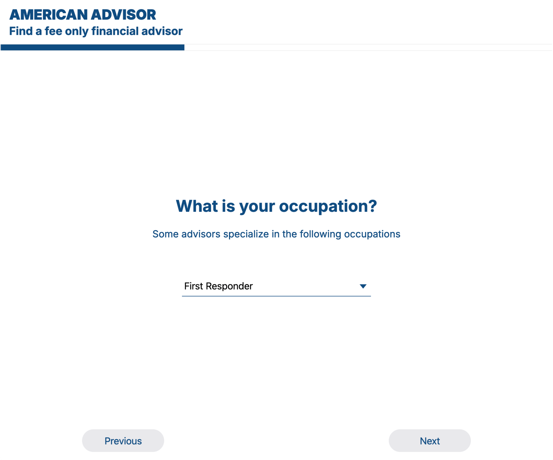 questionnaire asks: What is your occupation? Some advisors specialize in the following occupations... There is a select menu, showing a selected answer of 'First Responder'.